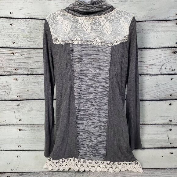 Jolt by Vanity Gray Cowl Neck Tunic Top M Lace Trim Long Sleeve Boho Sweater Shi - Picture 5 of 10